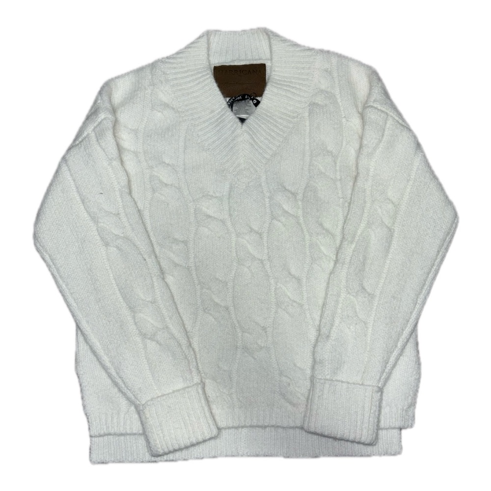Harricana Edmonton V Neck Cable Knit Sweater White Small